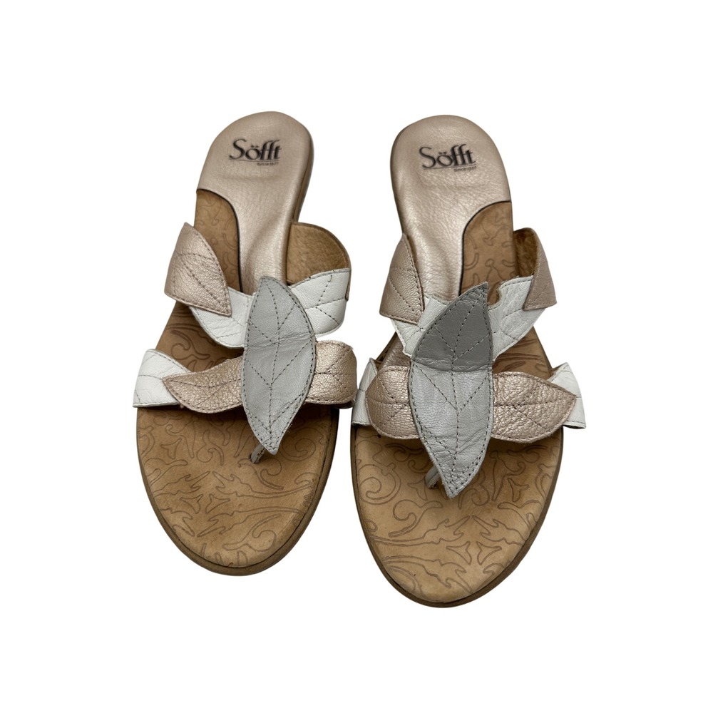 Sofft Leather Thong Wedge Sandals Women's Size 9.5 M Metallic Leaf Details